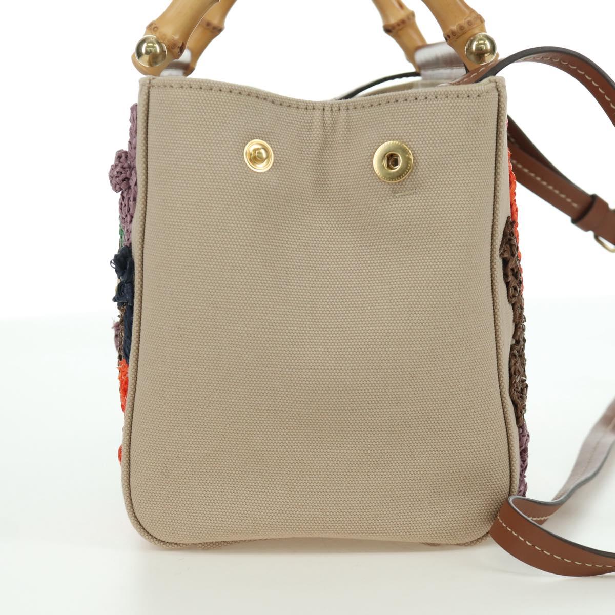 Miu Miu Bamboo Hand Bag Canvas 2way Beige Gold Auth YKZ585SAM