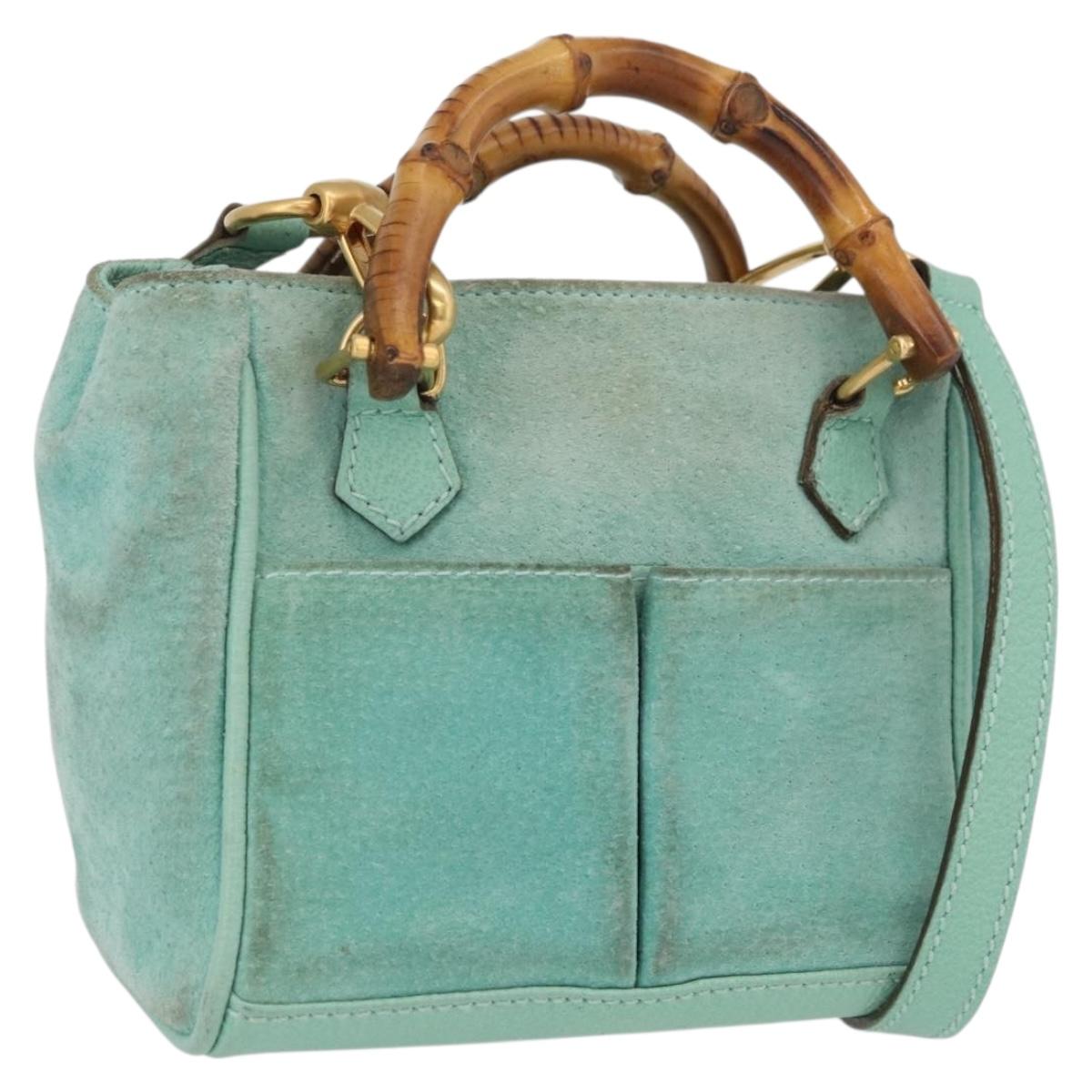 GUCCI Bamboo Hand Bag Suede 2way Turquoise Blue Gold 007 1793 0238 Auth YKZ601