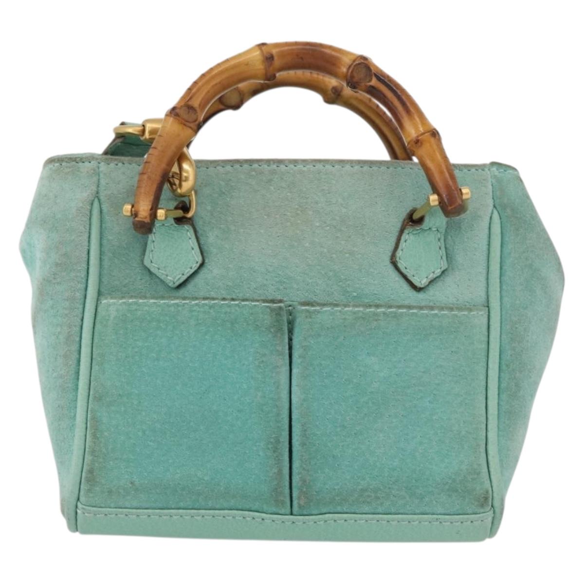 GUCCI Bamboo Hand Bag Suede 2way Turquoise Blue Gold 007 1793 0238 Auth YKZ601