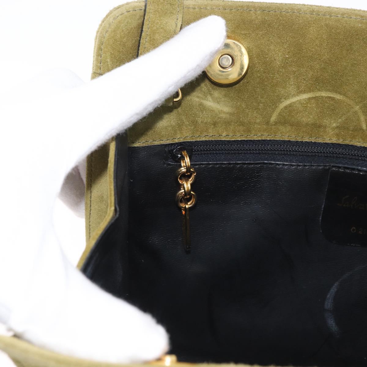 Salvatore Ferragamo Shoulder Bag Suede Green Gold Auth YKZ621