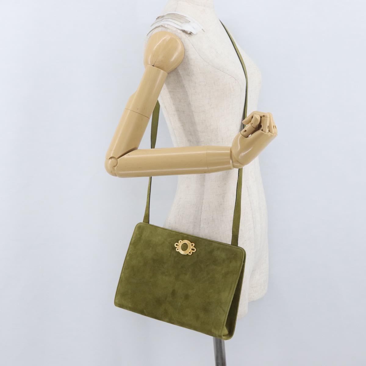 Salvatore Ferragamo Shoulder Bag Suede Green Gold Auth YKZ621