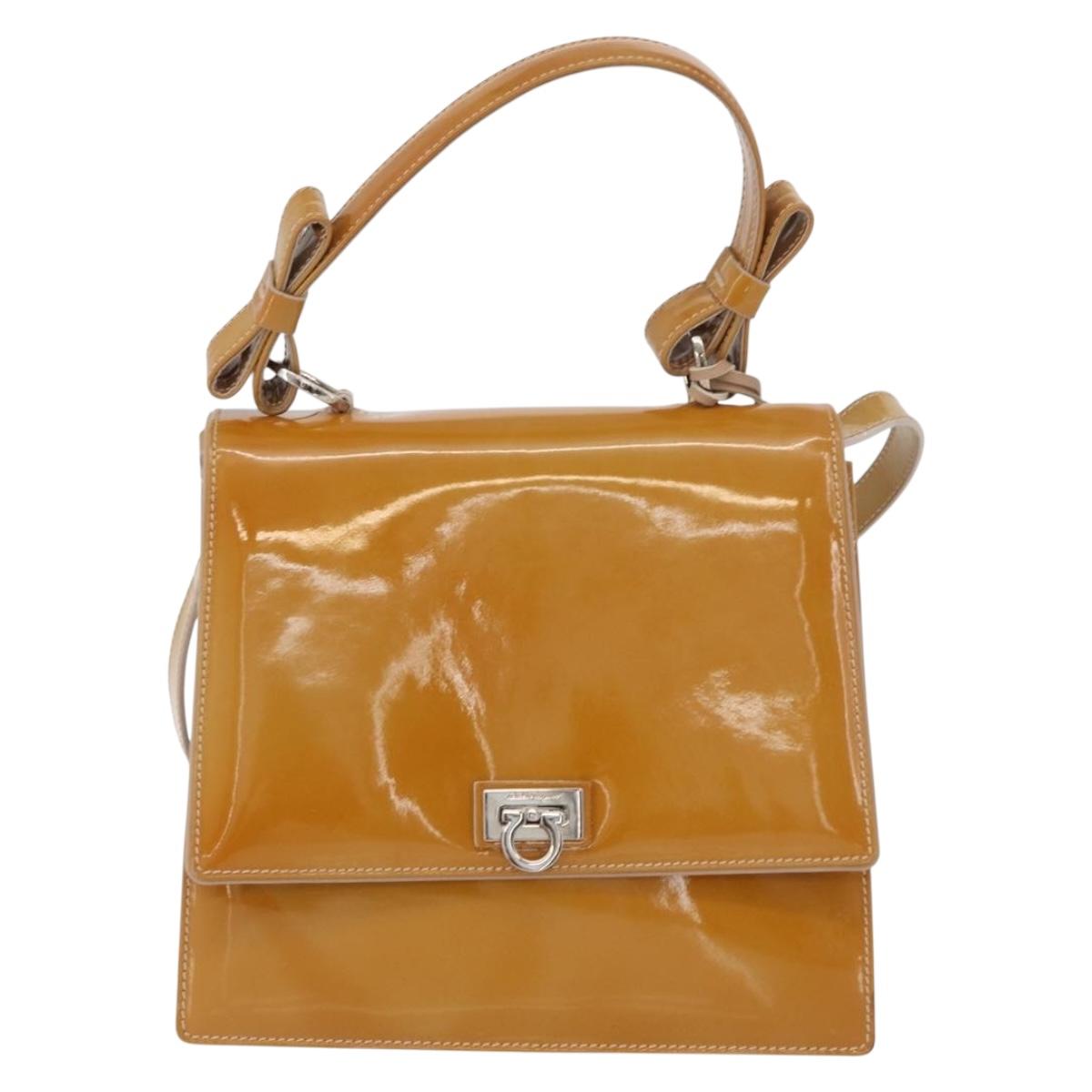 Salvatore Ferragamo Hand Bag Patent leather 2way Beige Silver Auth YKZ631
