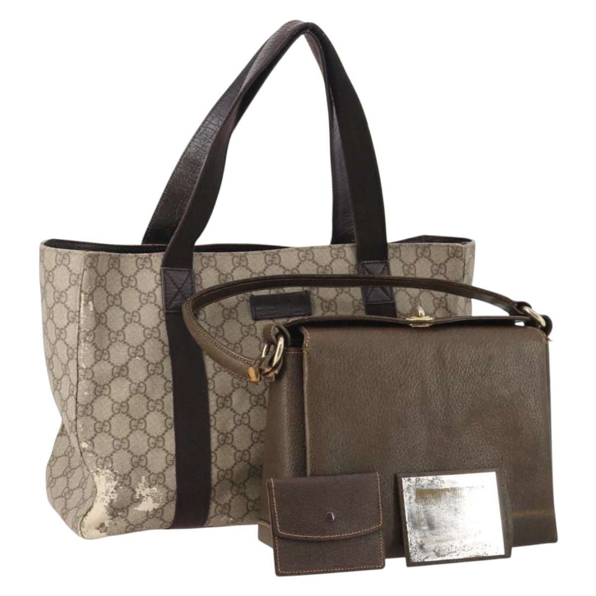 GUCCI GG Supreme Hand Bag Leather PVC 2 Set Brown Beige Auth YKZ714