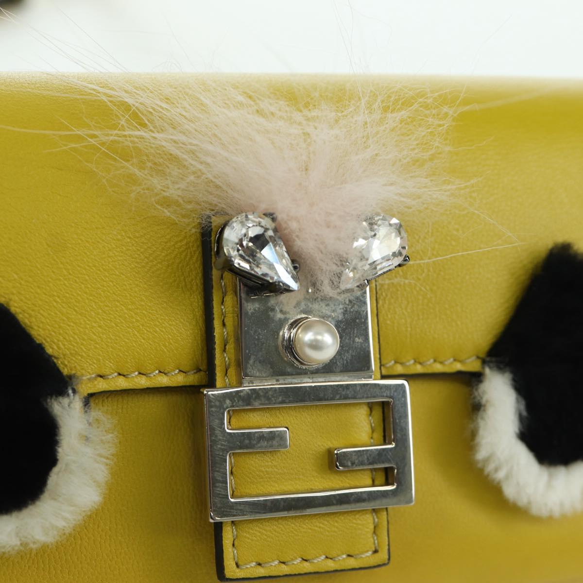 FENDI Monster Micro Bucket Shoulder Bag Leather 2way Yellow Silver Auth YKZ725A