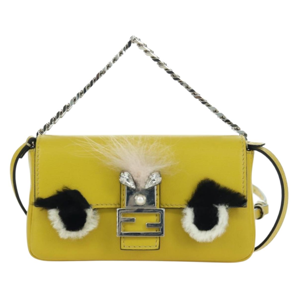 FENDI Monster Micro Bucket Shoulder Bag Leather 2way Yellow Silver Auth YKZ725A