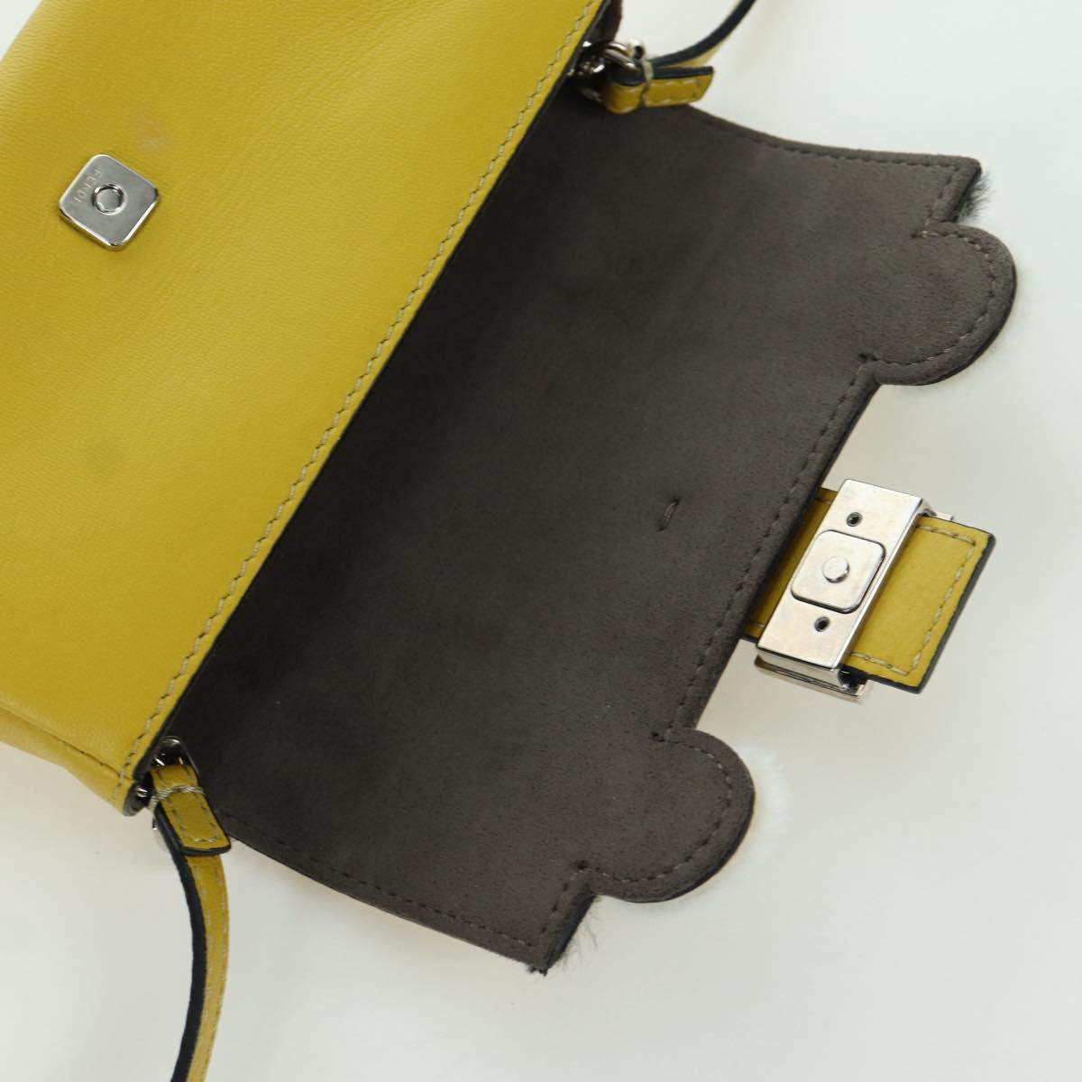 FENDI Monster Micro Bucket Shoulder Bag Leather 2way Yellow Silver Auth YKZ725A