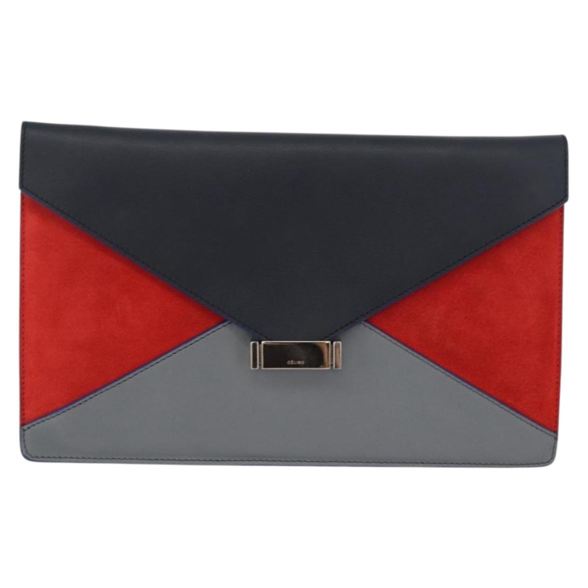 CELINE Clutch Bag Leather Navy Silver Auth YKZ733A