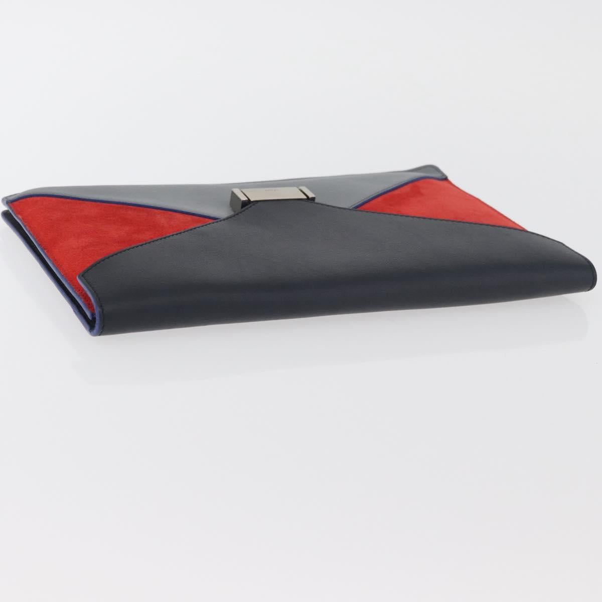 CELINE Clutch Bag Leather Navy Silver Auth YKZ733A