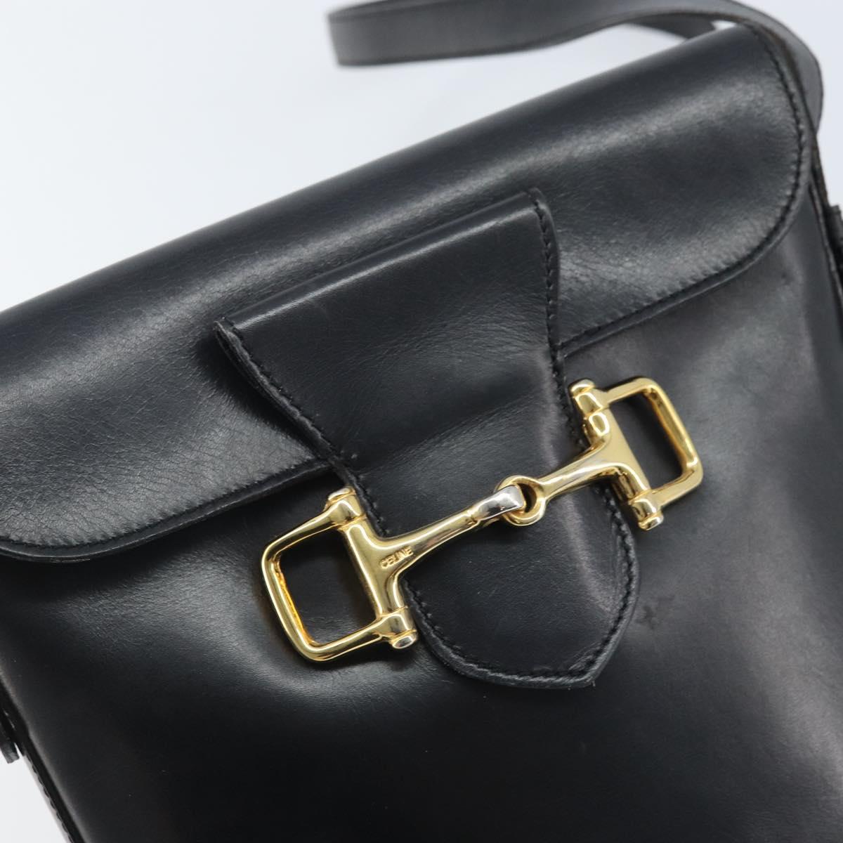 CELINE Horsebit Shoulder Bag Leather Black Gold Auth YKZ776A