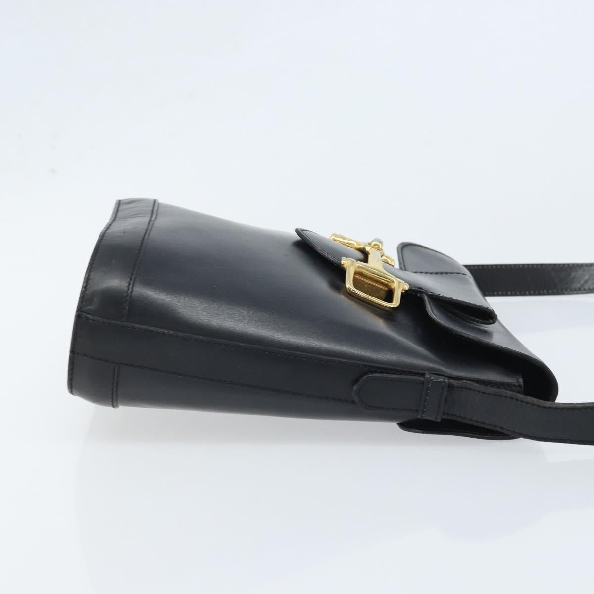 CELINE Horsebit Shoulder Bag Leather Black Gold Auth YKZ776A