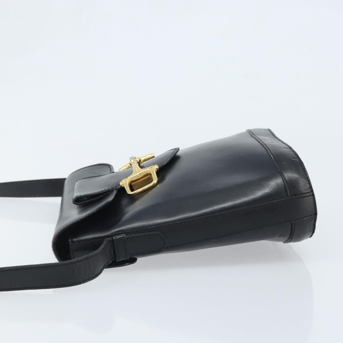 CELINE Horsebit Shoulder Bag Leather Black Gold Auth YKZ776A