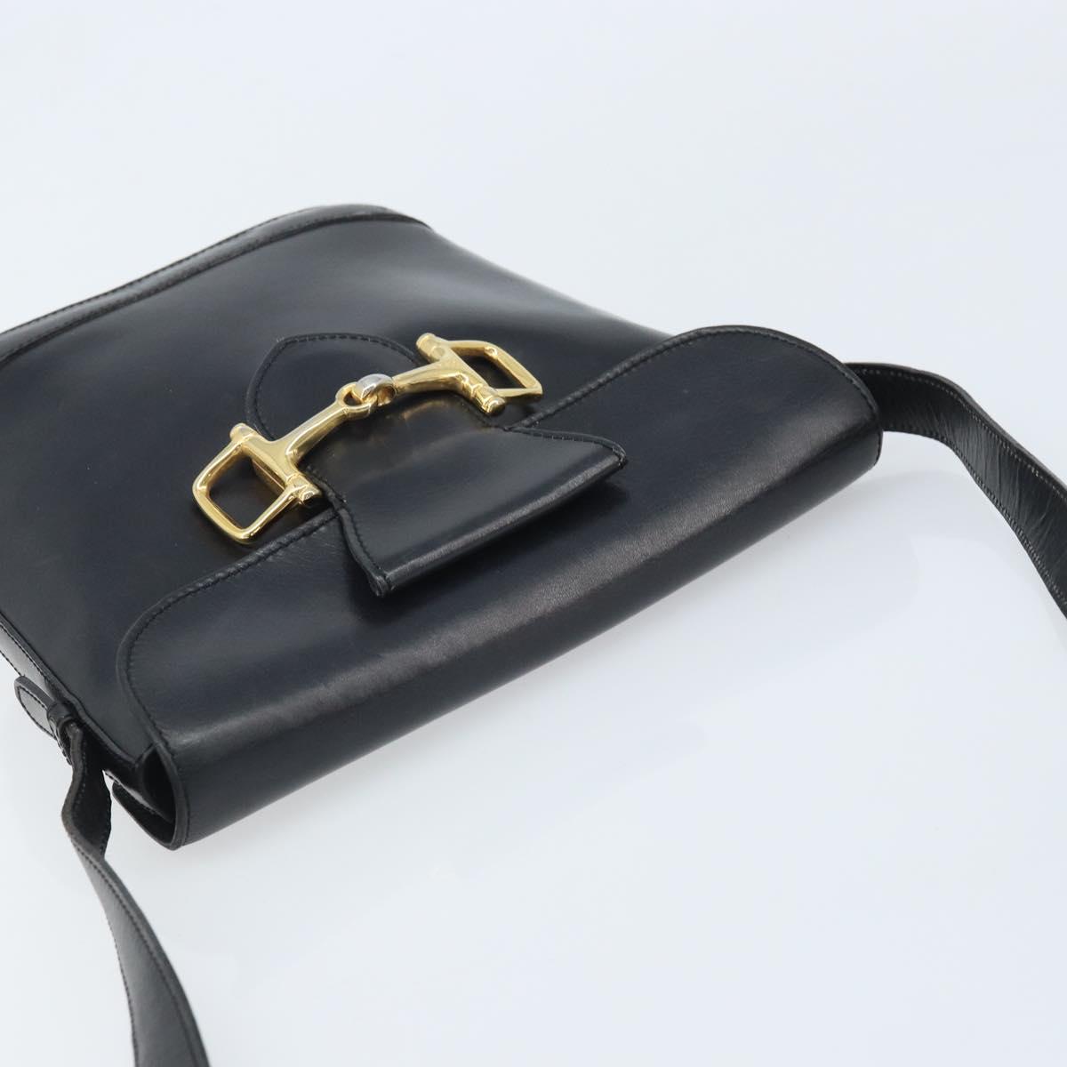 CELINE Horsebit Shoulder Bag Leather Black Gold Auth YKZ776A