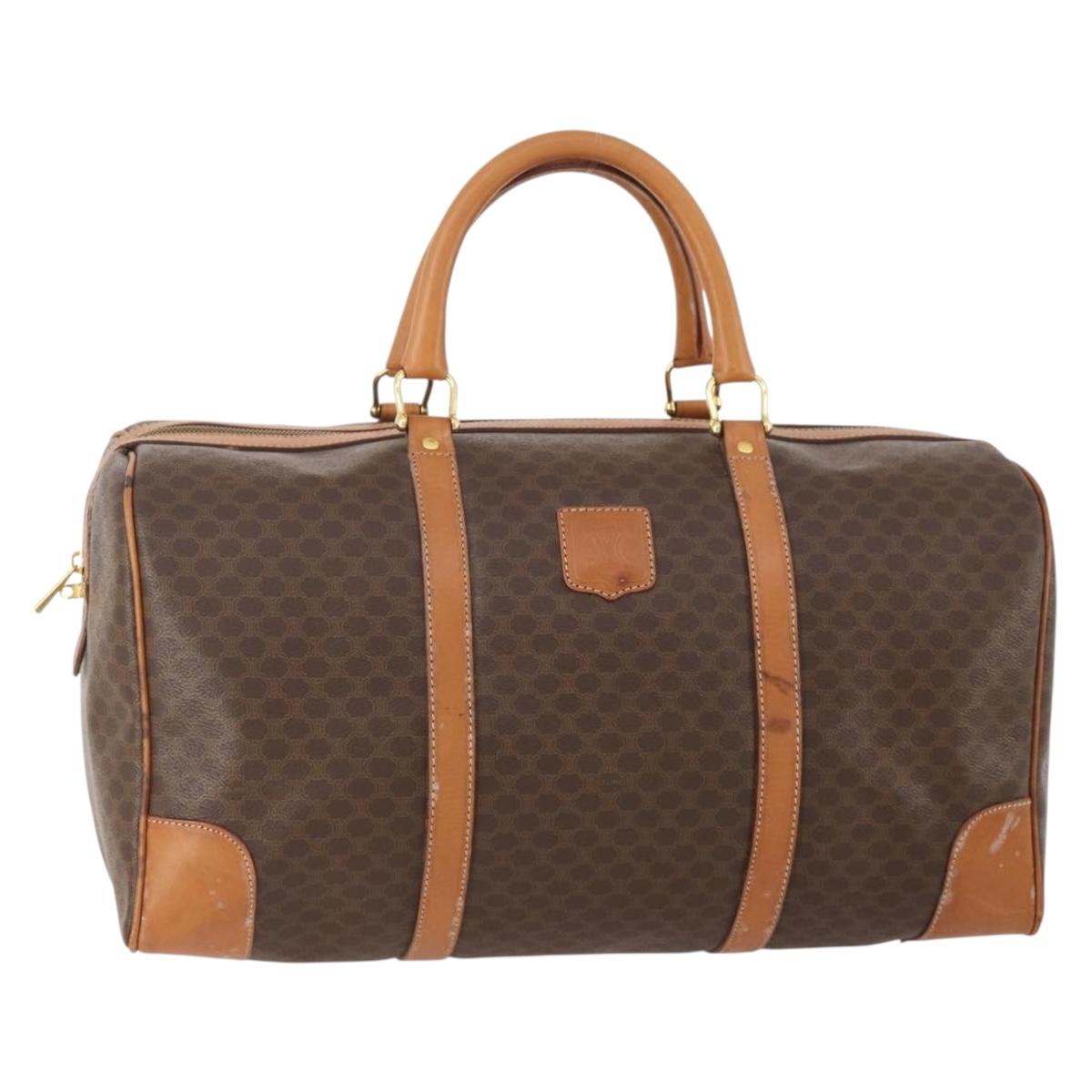 CELINE Macadam Canvas Boston Bag PVC Leather Brown Gold Auth YKZ788