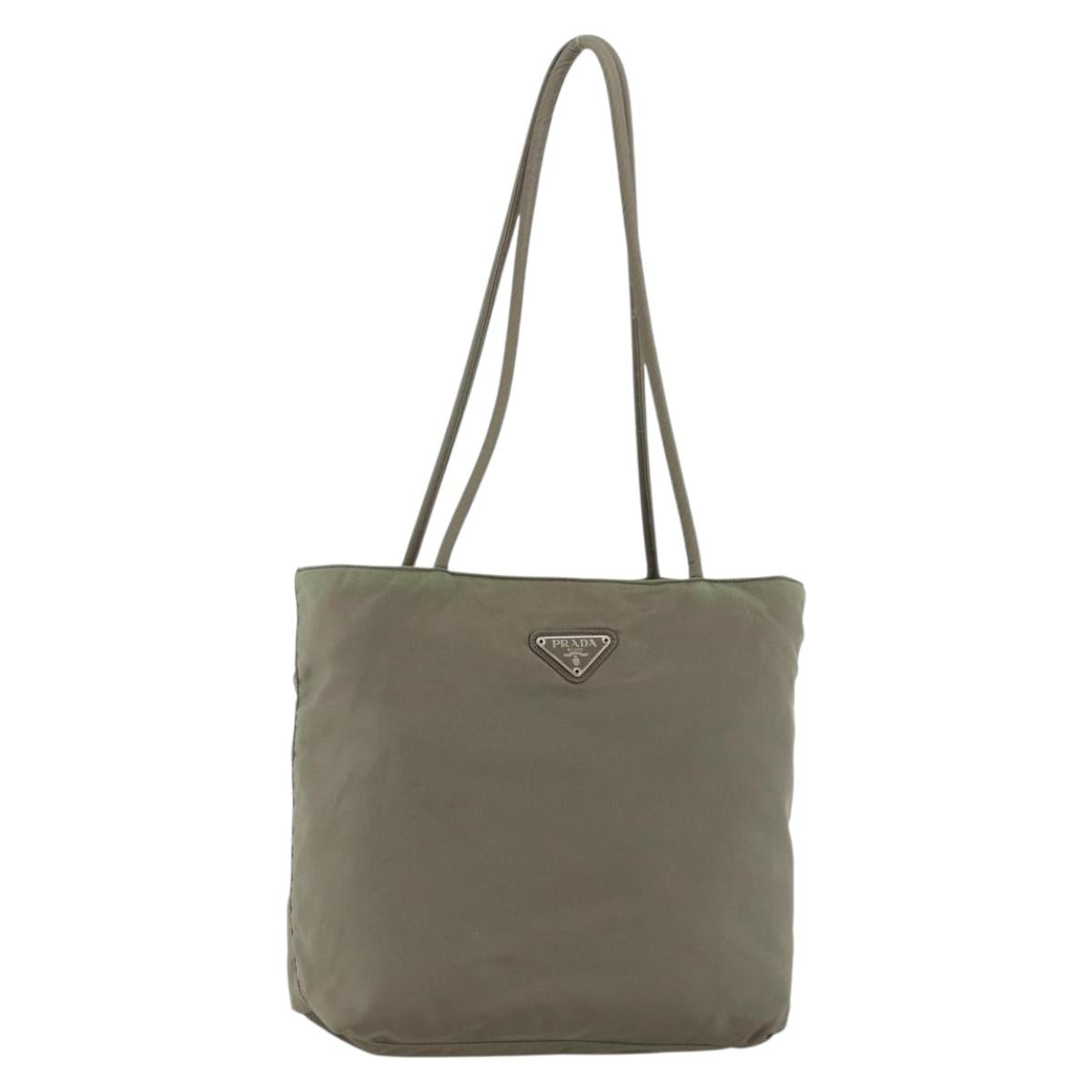 PRADA Tote Bag Nylon Beige Silver Auth YKZ793