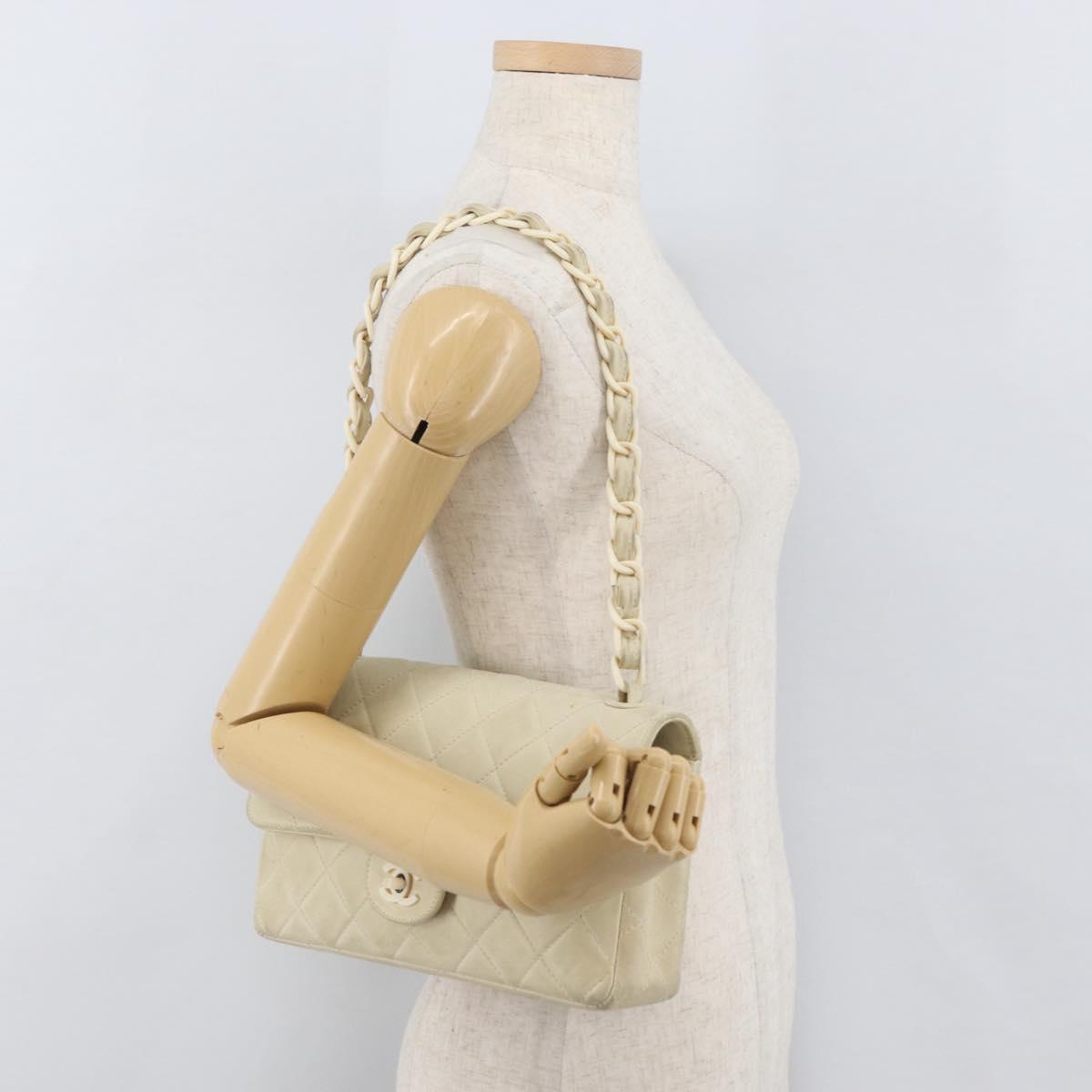 CHANEL Matelasse 25 Pla Chain Shoulder Bag Lamb Skin Ivory CC Auth YKZ833A