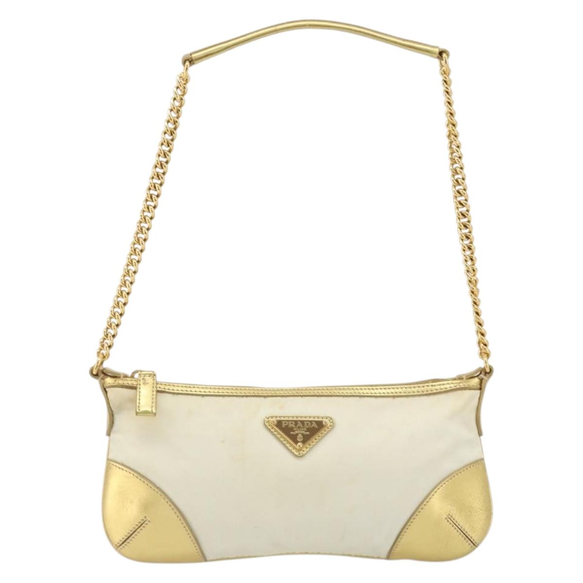 PRADA Chain Shoulder Bag Nylon White Gold Auth YKZ849A