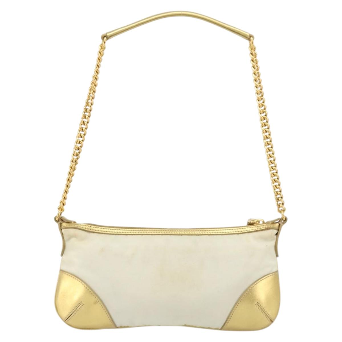 PRADA Chain Shoulder Bag Nylon White Gold Auth YKZ849A