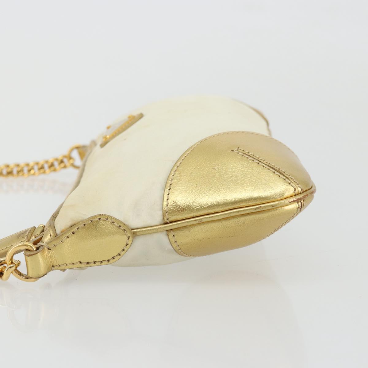 PRADA Chain Shoulder Bag Nylon White Gold Auth YKZ849A