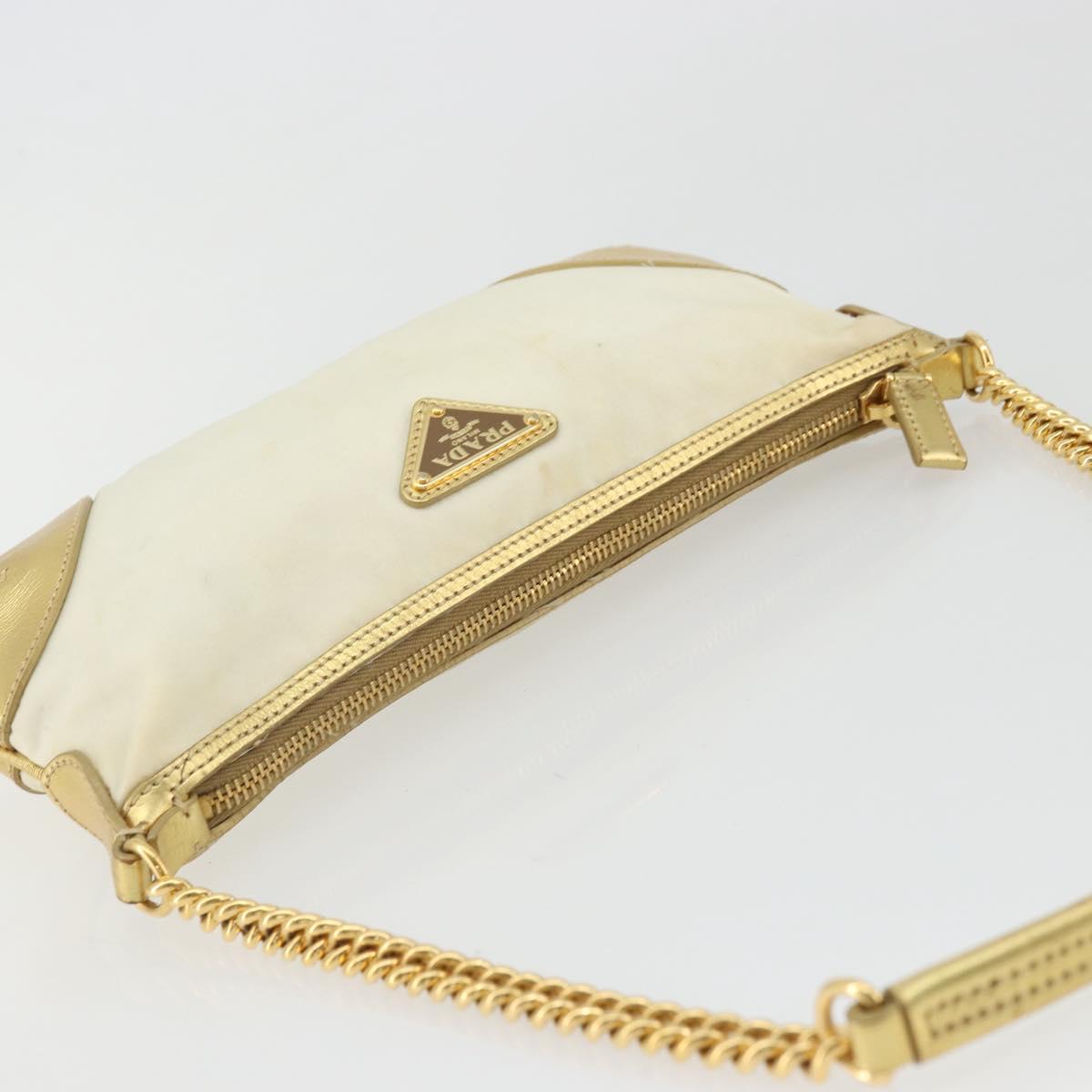 PRADA Chain Shoulder Bag Nylon White Gold Auth YKZ849A