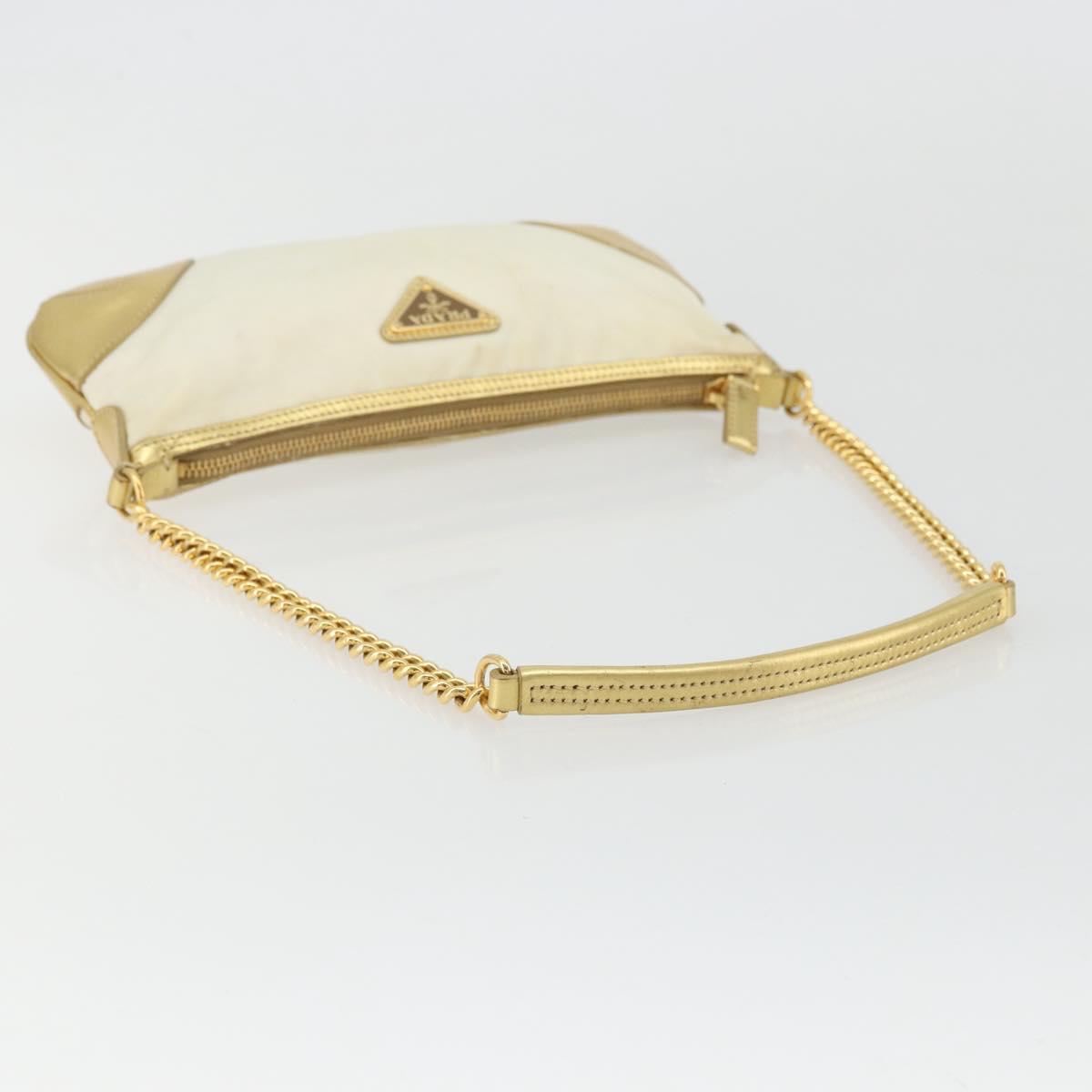 PRADA Chain Shoulder Bag Nylon White Gold Auth YKZ849A