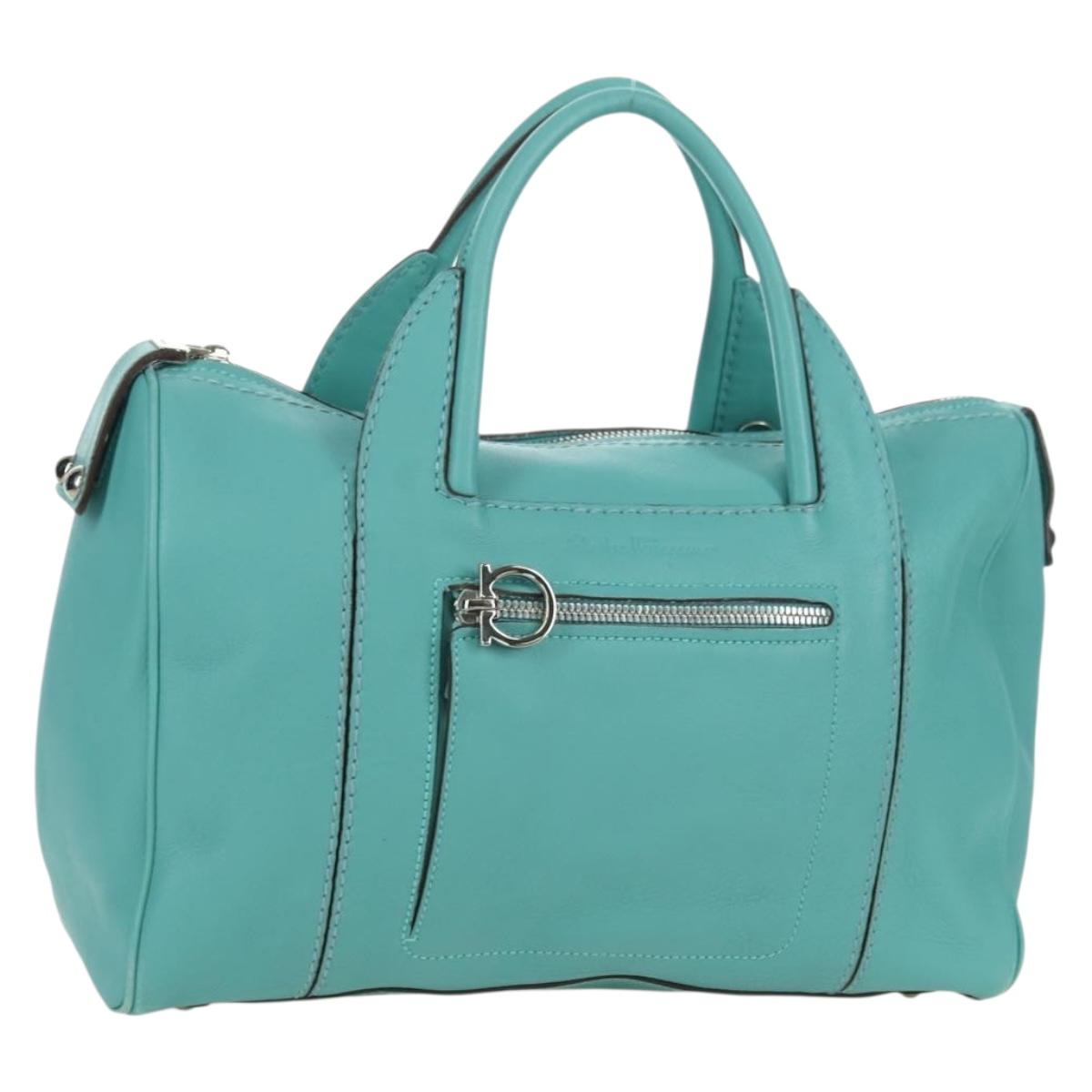 Salvatore Ferragamo Gancini Hand Bag Leather Light Blue Silver Auth YKZ953A