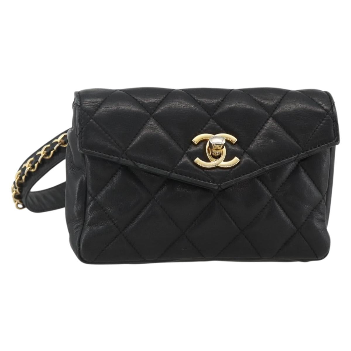 CHANEL Matelasse Waist bag Lamb Skin Black Gold CC Auth YKZ961