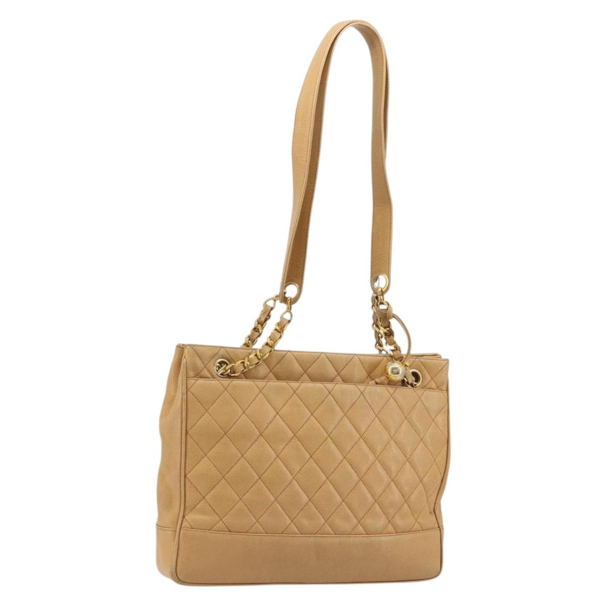 CHANEL Matelasse Chain Shoulder Bag Caviar Skin Beige Gold CC Auth YKZ963