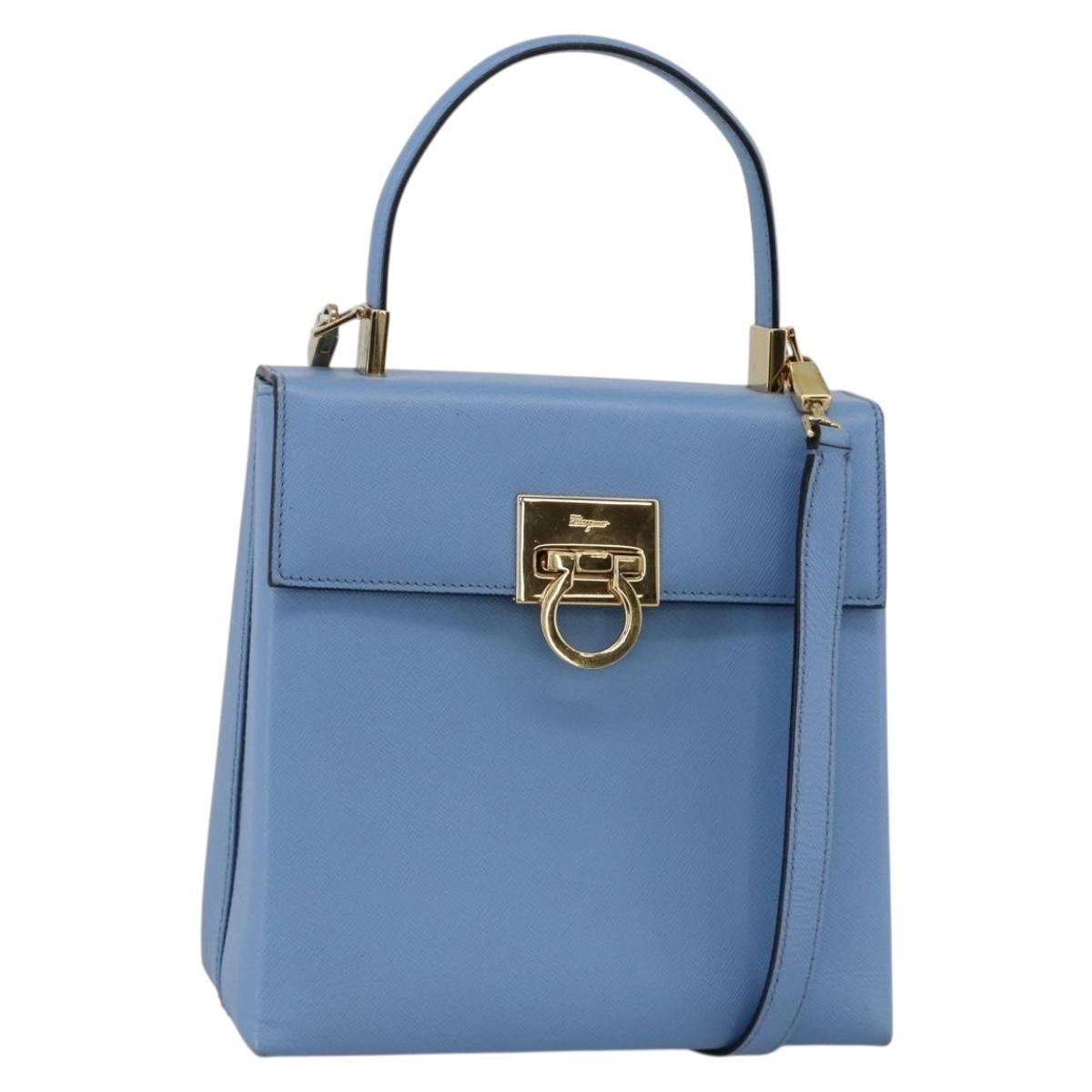 Salvatore Ferragamo Gancini Hand Bag Leather 2way Light Blue Gold Auth YKZ984A