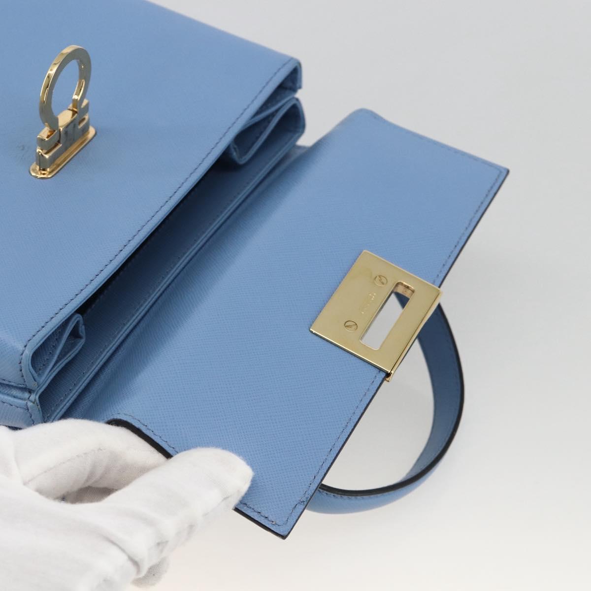 Salvatore Ferragamo Gancini Hand Bag Leather 2way Light Blue Gold Auth YKZ984A