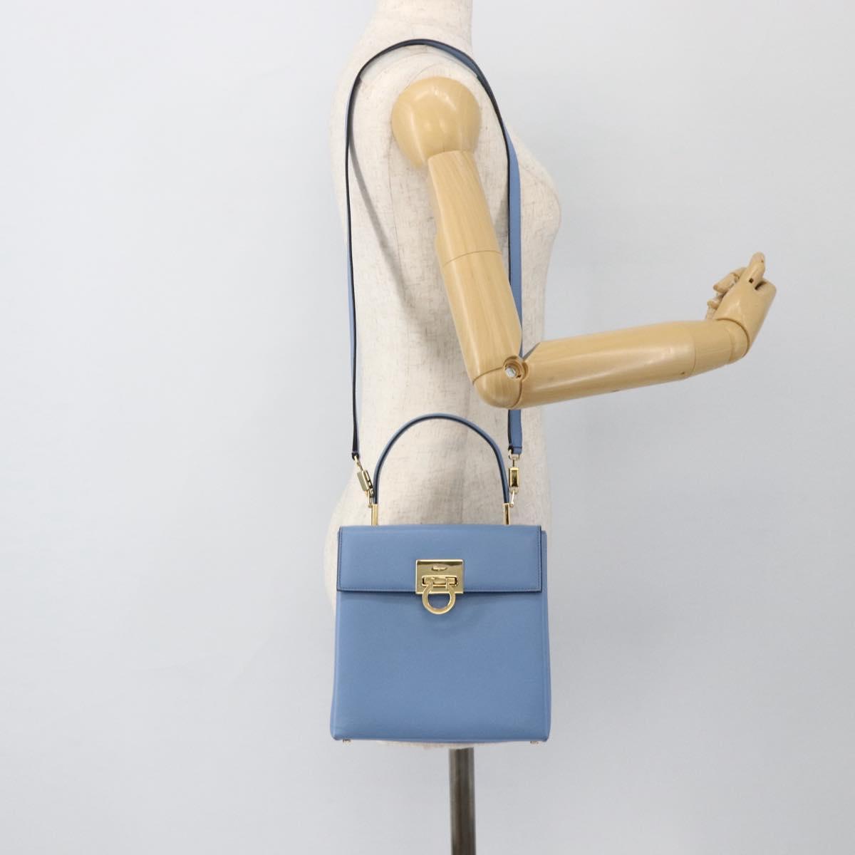 Salvatore Ferragamo Gancini Hand Bag Leather 2way Light Blue Gold Auth YKZ984A