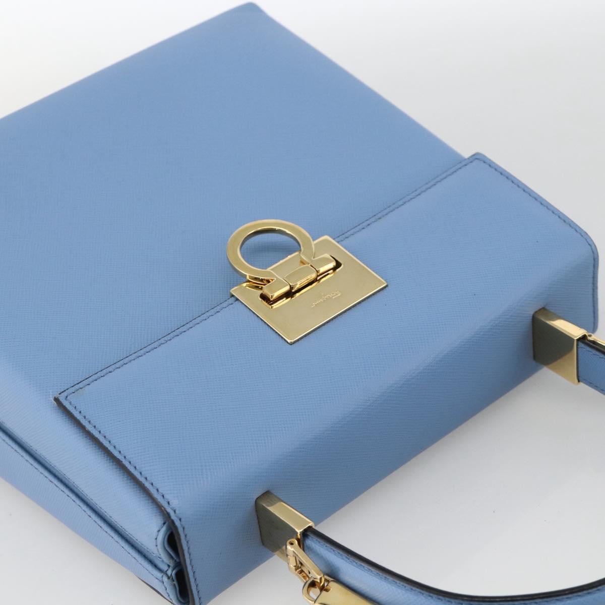 Salvatore Ferragamo Gancini Hand Bag Leather 2way Light Blue Gold Auth YKZ984A