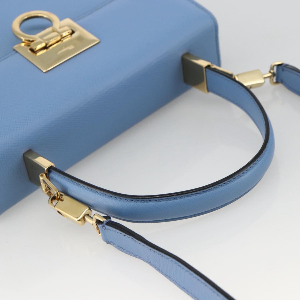 Salvatore Ferragamo Gancini Hand Bag Leather 2way Light Blue Gold Auth YKZ984A