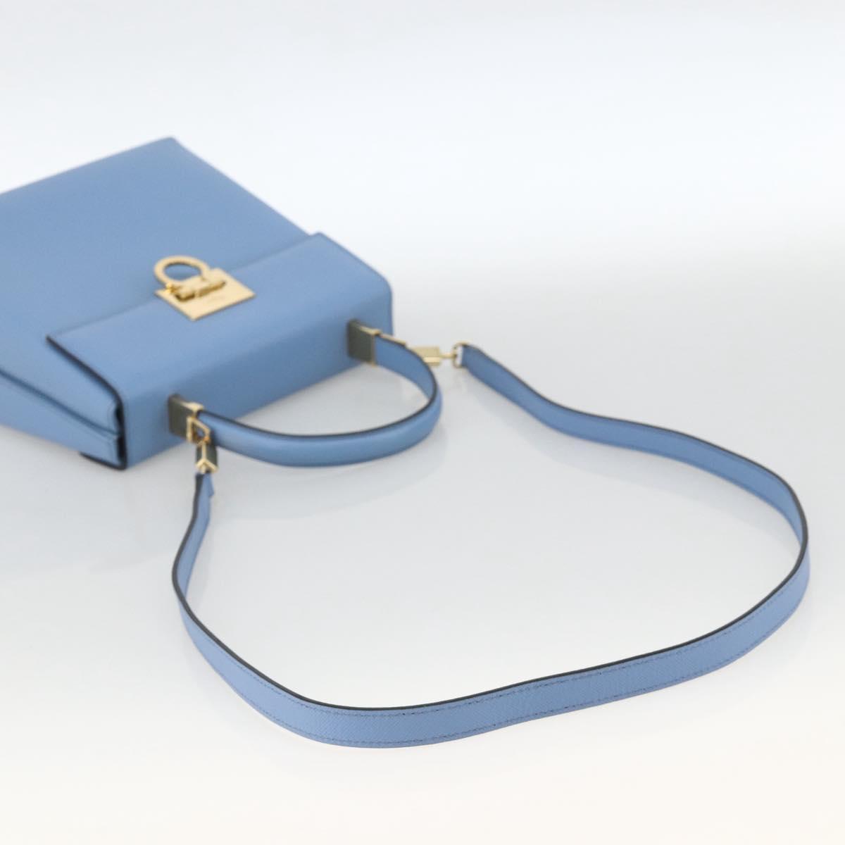 Salvatore Ferragamo Gancini Hand Bag Leather 2way Light Blue Gold Auth YKZ984A