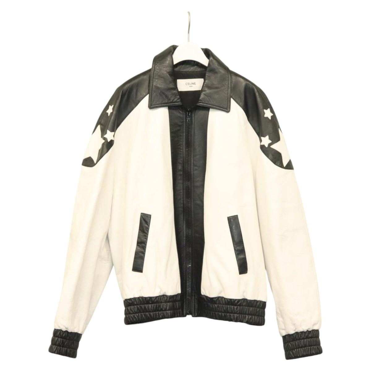 CELINE Leather jacket Jacket Lamb Skin White Black Auth ym037SAM